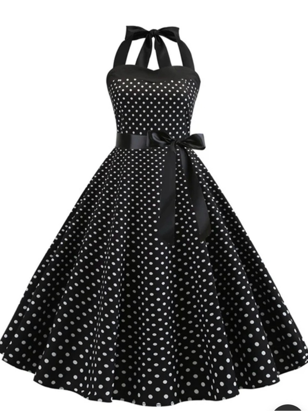 Classic Black Polka Dot Halter Swing Dress